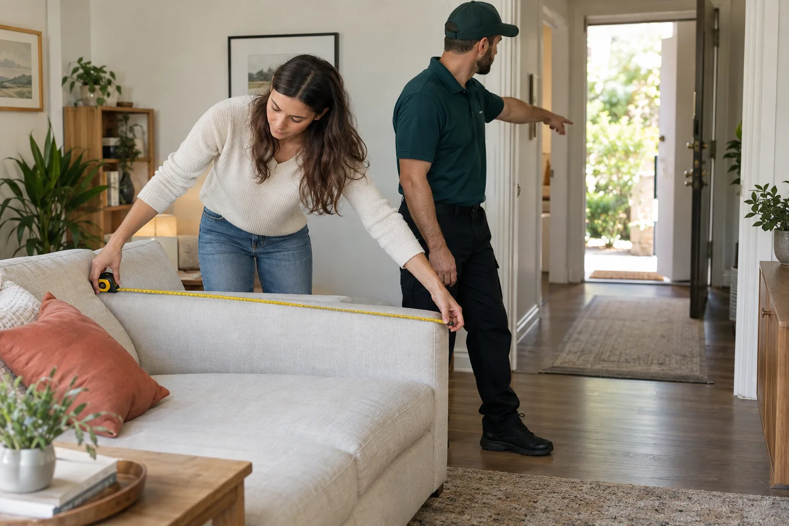 A homeowner measures a sofa while a removal worker checks the exit route